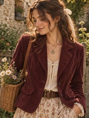Free People Byron Burgundy Corduroy Velvet Blazer Cottagecore 70’s Small